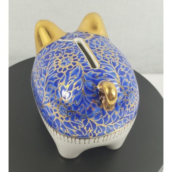 Vintage Ceramic Hand Painted Blue Gold Piggy Bank Marked JM Made In Thailand EUC - Picture 7 of 16